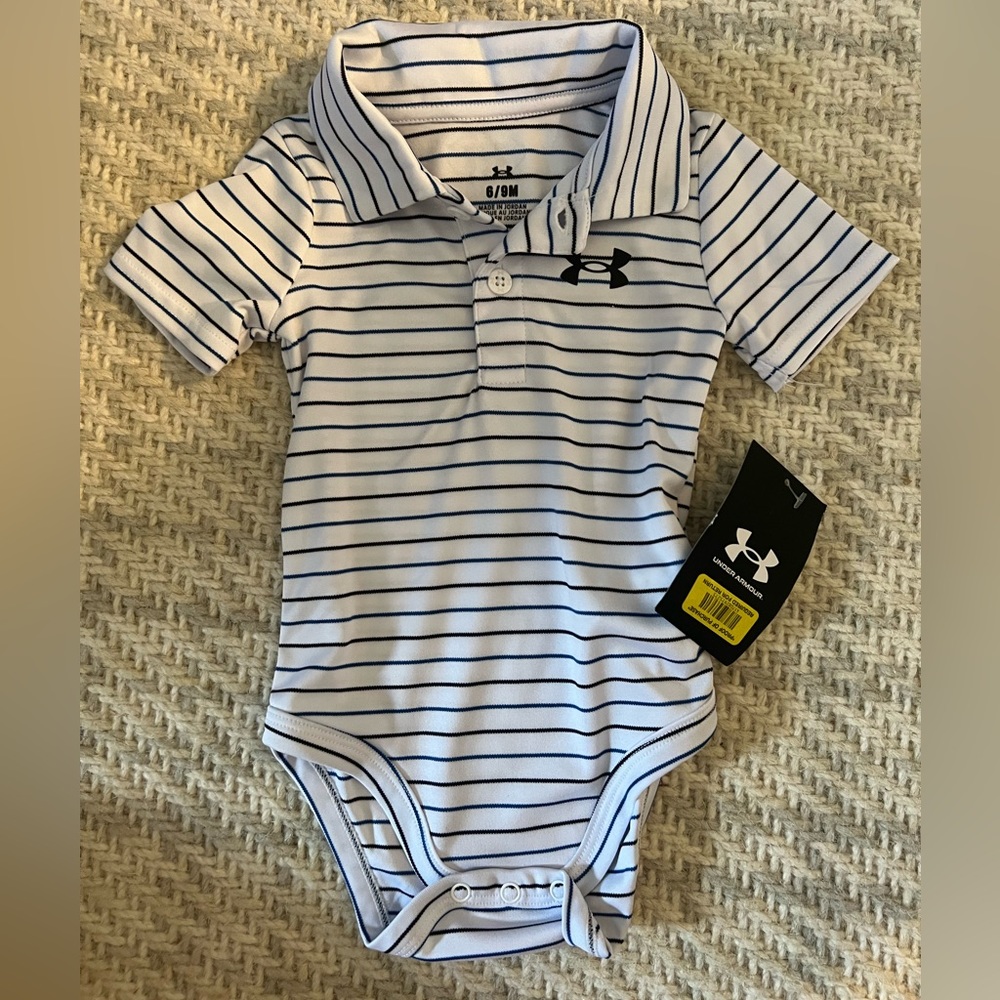 Brand New w/ tags. Underarmour onsie. Blue and black stripe. 6-9months